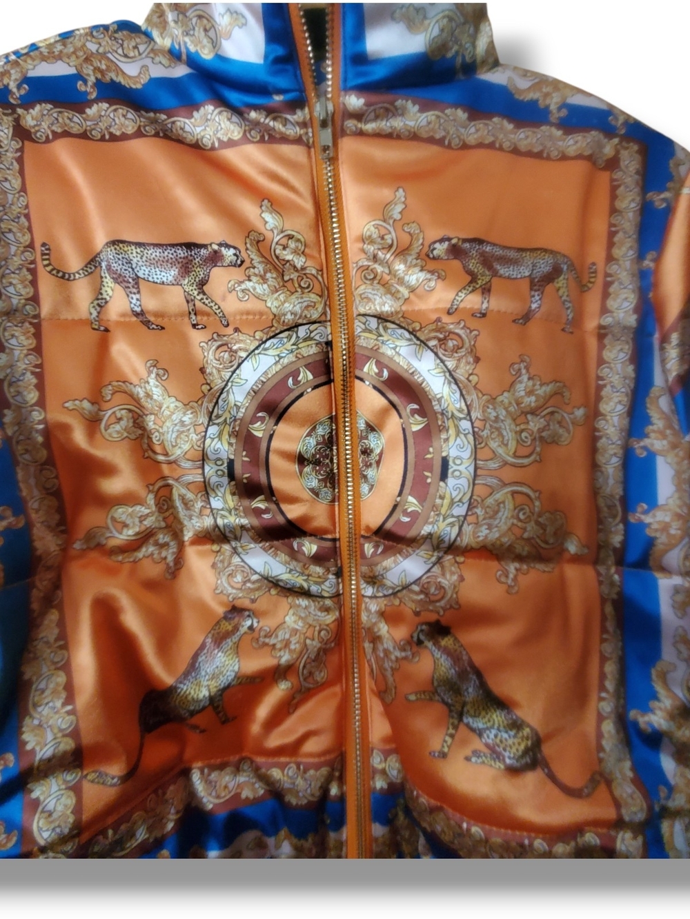 N°1 Los Angeles Cropped Puffer Jacket Cheetah Leopard Baroque Print Orange Blue - Picture 6 of 12